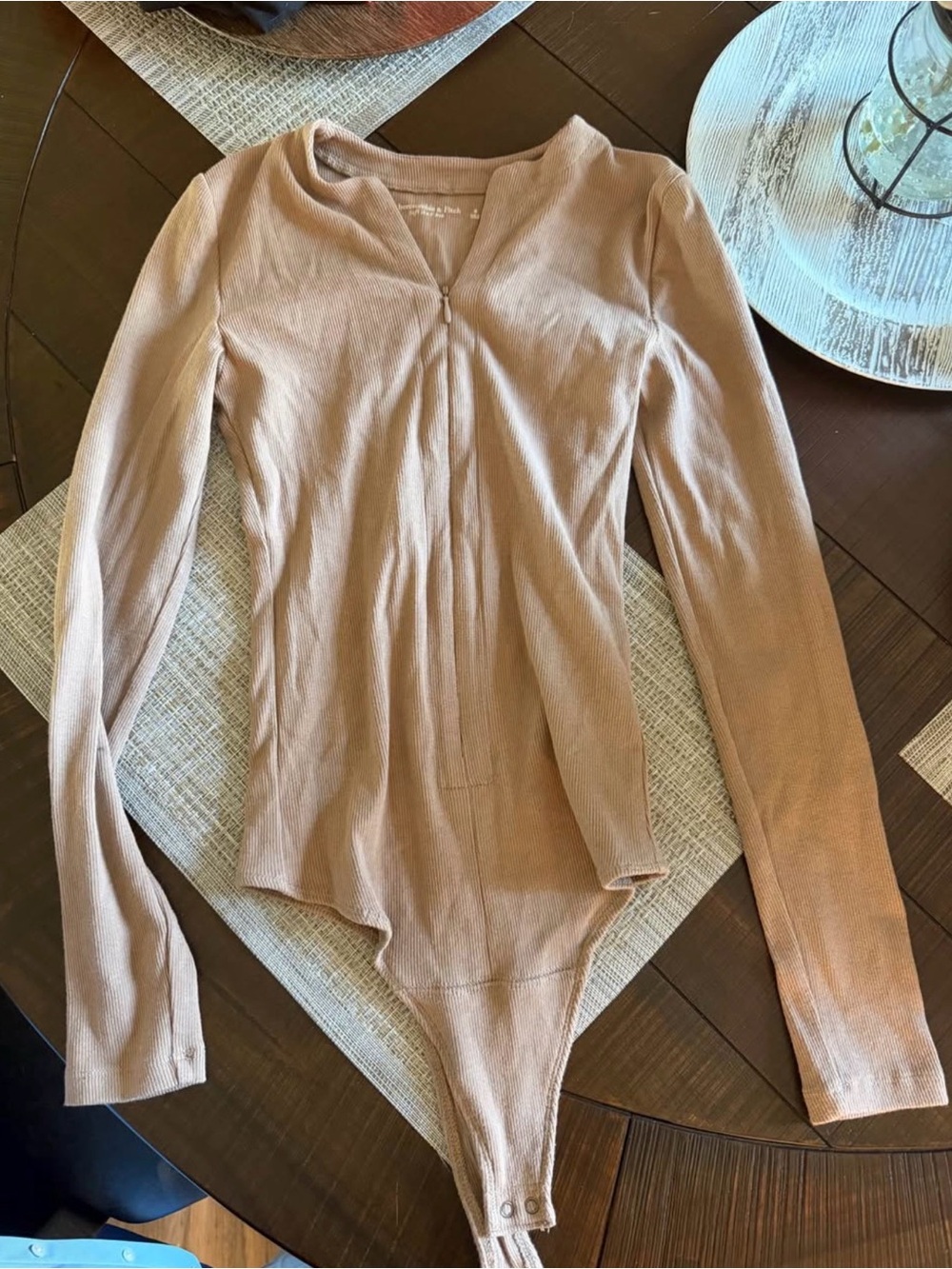 Abercrombie & Fitch Long Sleeve V-Neck Bodysuit in Taupe